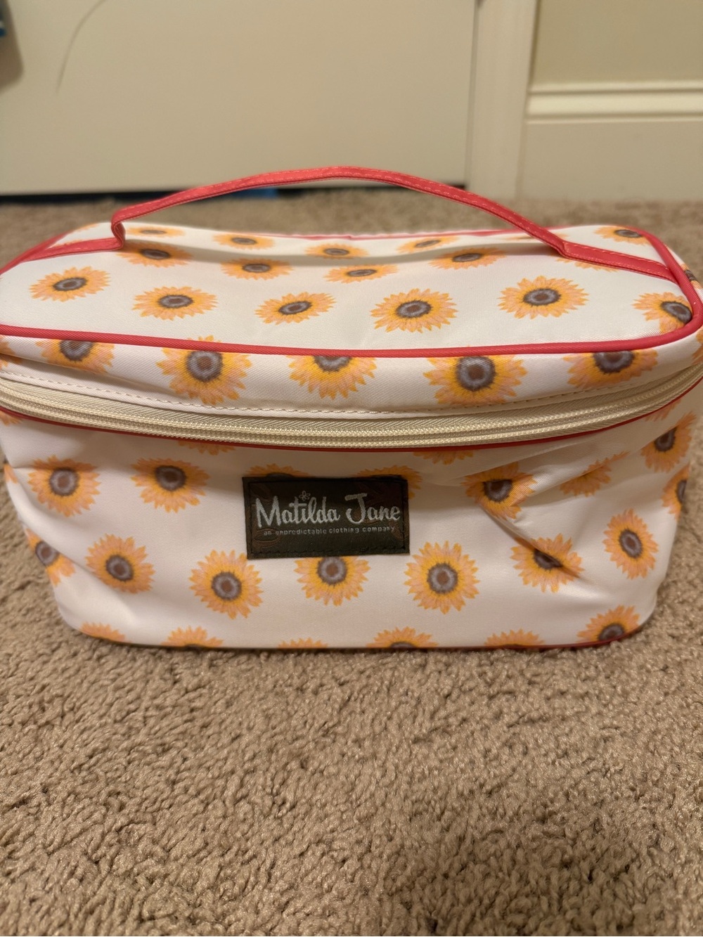 Matilda Jane White Cosmetic Bag with Yellow Sunflower Print and Pink Trim